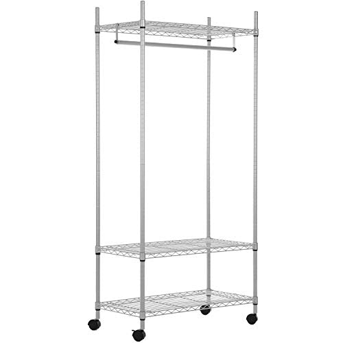 MyGift Deluxe Metal Rolling Adjustable Hanging Clothes Rack/Retail Garment Display Hang Rail w/ 3 Shelves