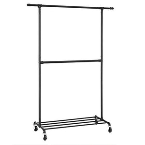 SONGMICS Industrial Style Clothes Garment Rack on Wheels, Double Hanging Rod Metal Clothing Rack, Heavy Duty Commercial Display, Black UHSR62BK
