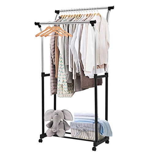 Tangkula Garment Rack Adjustable Heavy Duty Double Rail Tower Shoes Clothing Storage Organizer with Wheels and Shelves (34