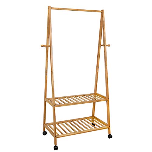 SONGMICS Clothes Rack on Wheels, Rolling Garment Rack with 2-Tier Storage Shelves, Hall Tree with 4 Coat Hooks for Shoes, Clothing, Bamboo URCR52N