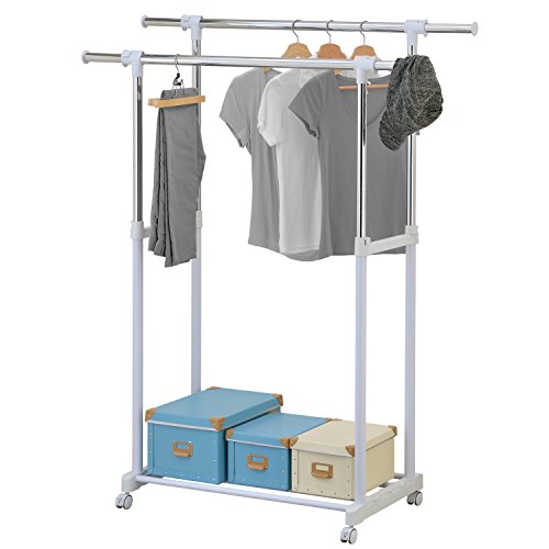 MyGift Chrome Plated Adjustable Dual Bar Garment Display Rack, Rolling Clothes Hanger with Bottom Shelf
