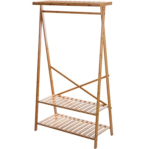MyGift Bamboo Freestanding Garment Rack with Top Shelf and 2-Tier Shoes Storage Shelves