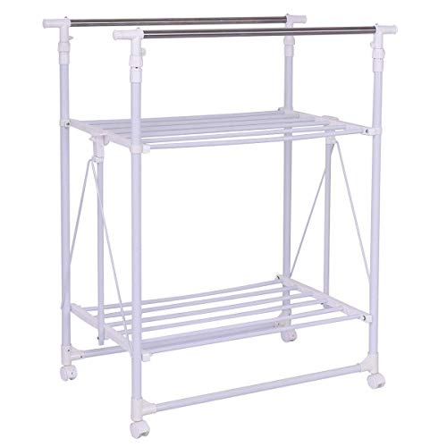 Tangkula Drying Garment Rack Adjustable Rolling Heavy Duty Double Rail Folding Tower Shoes Clothing Storage Organizer with Wheels and Shelves (58.5