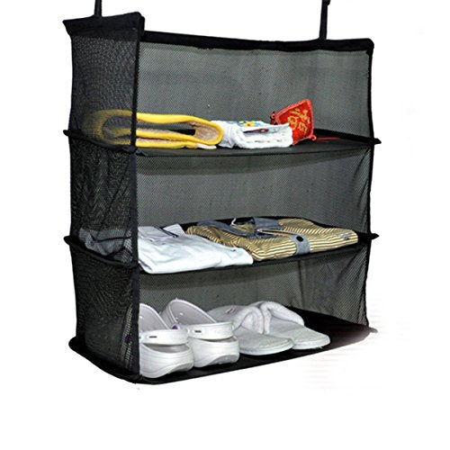 Xiaolanwelc@ 3 Tier Mesh Hanging Bag Wardrobe Holder Collapsible Travel Organizer 50x30x58cm Black Luggage Clothes Shoe Shelf Storage Baskets