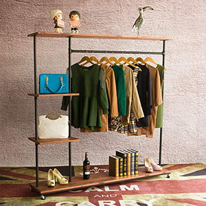 MZGH ISLAND Industrial Style Rolling Clothes Rack with Wheels Pipe Shelves, Heavy Duty Commercial Grade Garment Rack,Bags Organizer,Shoes Storage Wood Shelf 47.2" L x 14" W x 63" H