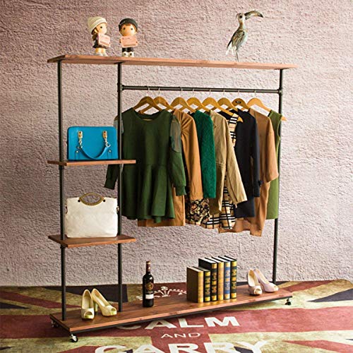 MZGH ISLAND Industrial Style Rolling Clothes Rack with Wheels Pipe Shelves, Heavy Duty Commercial Grade Garment Rack,Bags Organizer,Shoes Storage Wood Shelf 47.2