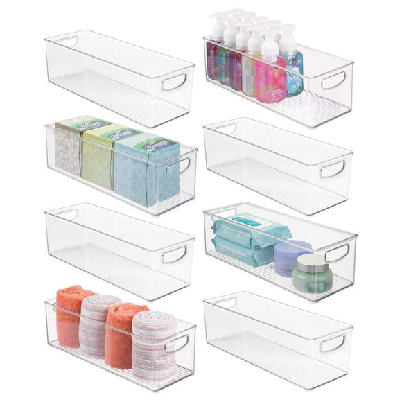 Kitchen mdesign storage bins with built in handles for organizing hand soaps body wash shampoos lotion conditioners hand towels hair accessories body spray mouthwash 16 long 8 pack clear