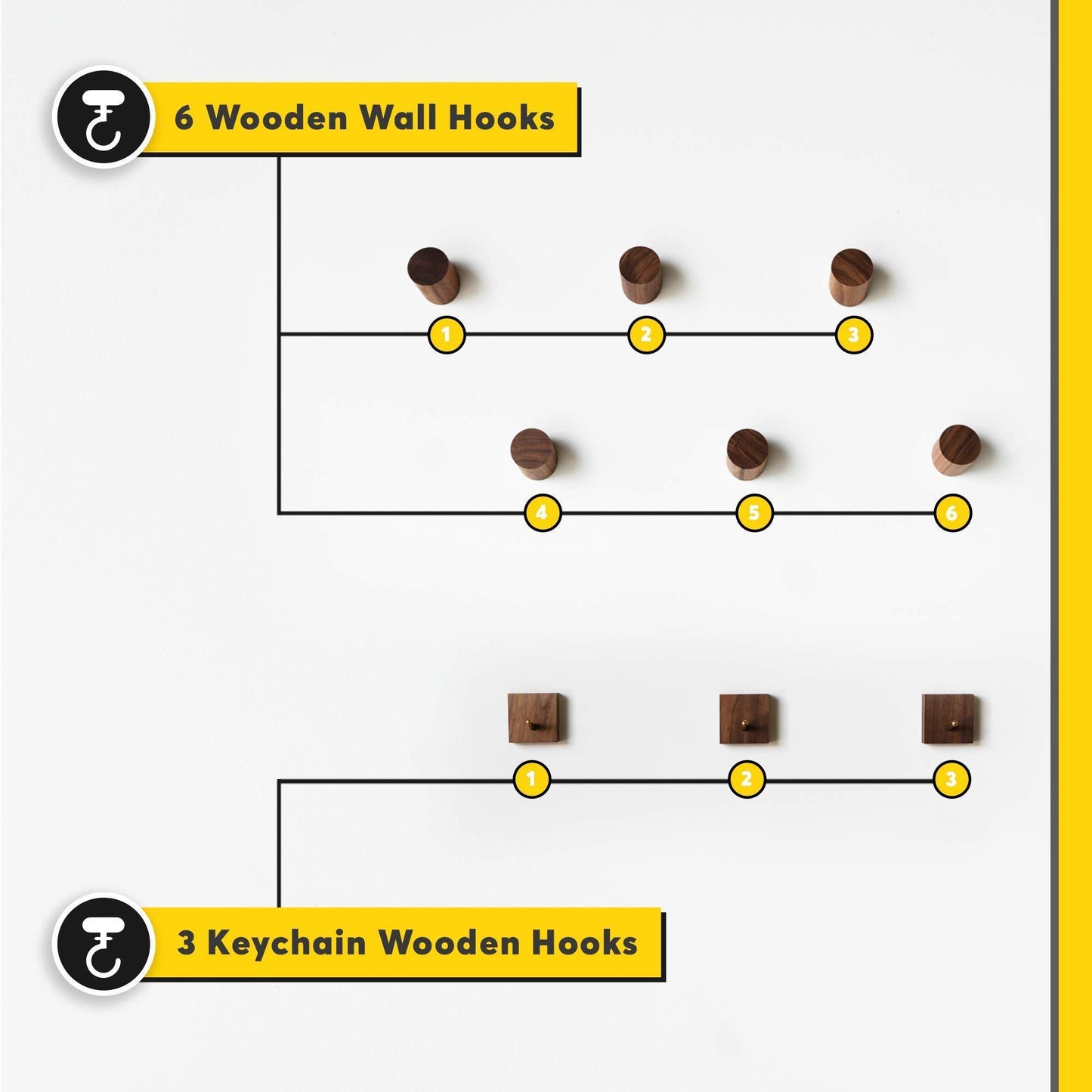 Featured black walnut wooden wall mounted coat hooks 6 pack bonus of 3 key hooks towel or hat rack keychain hooks hooks for hanging hats caps headphones jackets purses a kitchen wall organizer