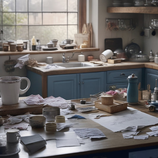 A cluttered kitchen with torn papers, scattered tools, and a half-finished renovation project in the background, contrasted with a tidy laptop and a organized spreadsheet on the screen.