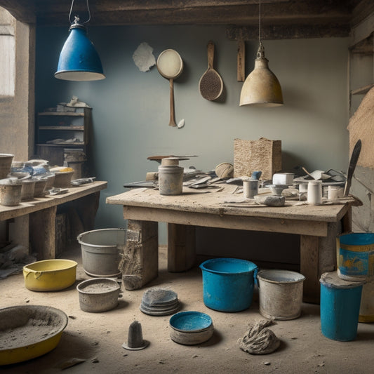 A cluttered workshop table with various plaster finishing tools, including a putty knife, trowel, and hawk, surrounded by scattered plaster dust, mixing buckets, and a partially finished wall in the background.