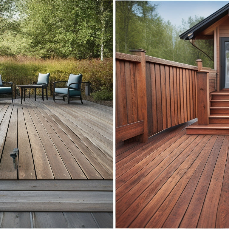 A split-screen image featuring a weathered, peeling wooden deck on the left, and a refreshed, protected deck with a rich wood tone on the right, showcasing different finish options.