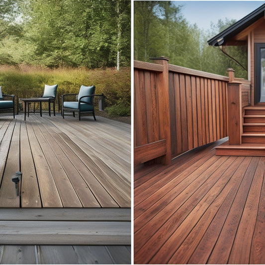 A split-screen image featuring a weathered, peeling wooden deck on the left, and a refreshed, protected deck with a rich wood tone on the right, showcasing different finish options.