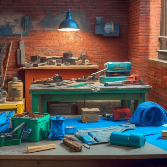 A cluttered workshop table with various tools, including a tile cutter, level, and drill, surrounded by blocks, bricks, and scattered blueprints, with a partially constructed wall in the background.