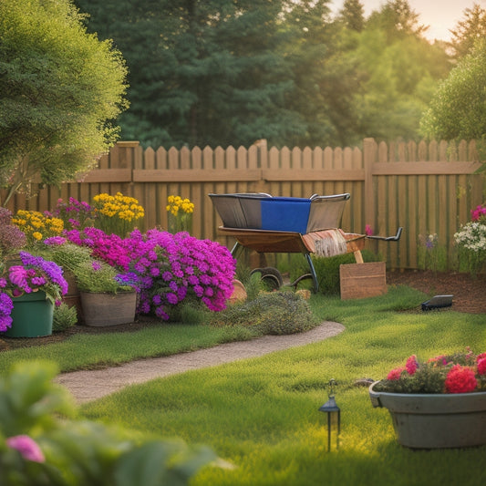 A serene backyard scene with a refurbished wooden fence, vibrant flowers, and a lush green lawn, featuring a wheelbarrow, gardening gloves, and a few strategically placed DIY renovation tools.