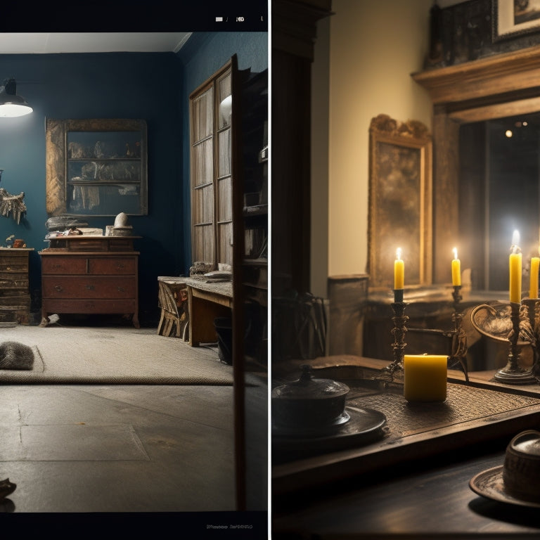 A split-screen image with a cluttered, dimly lit renovation site on the left and a tidy, well-organized site on the right, with a tablet displaying a renovation app in the foreground.