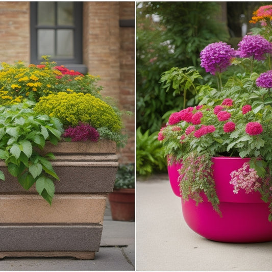 A split-screen image featuring a before-and-after comparison: a worn, crumbling block planter on the left, and a refinished, thriving planter on the right, with lush greenery and colorful flowers.
