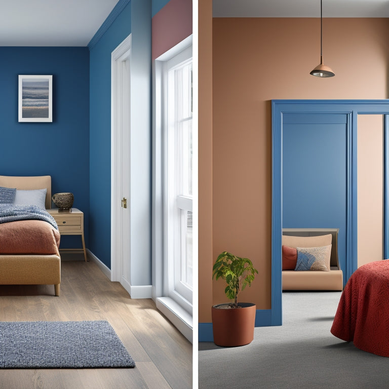 A split-screen image featuring a renovated room with varied wall coatings, including matte, glossy, and textured finishes, alongside a swatch palette with color cards and paint samples.