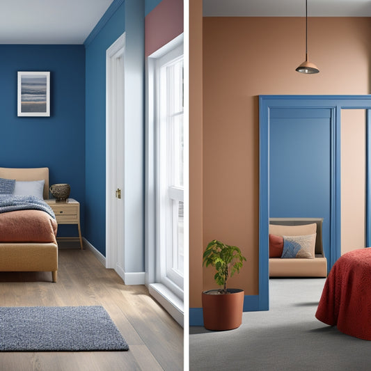 A split-screen image featuring a renovated room with varied wall coatings, including matte, glossy, and textured finishes, alongside a swatch palette with color cards and paint samples.