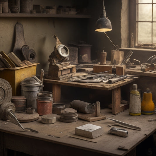 A cluttered workbench with various measurement tools, including a worn level, a dusty laser distance meter, and a vintage folding rule, surrounded by scattered wall plaster renovation materials.