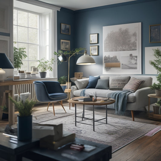 A serene, well-lit living room with a large, blank whiteboard on an easel, surrounded by rolled-up blueprints, colored pens, and a few scattered renovation magazines.