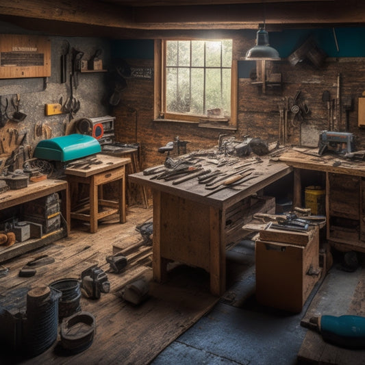 A cluttered workshop with a wooden workbench, surrounded by various DIY flooring repair tools, including a circular saw, drill press, and tile nippers, with scattered wood shavings and flooring samples.