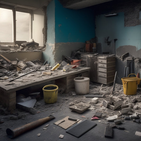 A messy room with demolished walls, scattered debris, and a toolbox in the center, featuring a variety of demolition tools, including a sledgehammer, pry bar, and wrecking ball, amidst a backdrop of broken tiles and torn drywall.