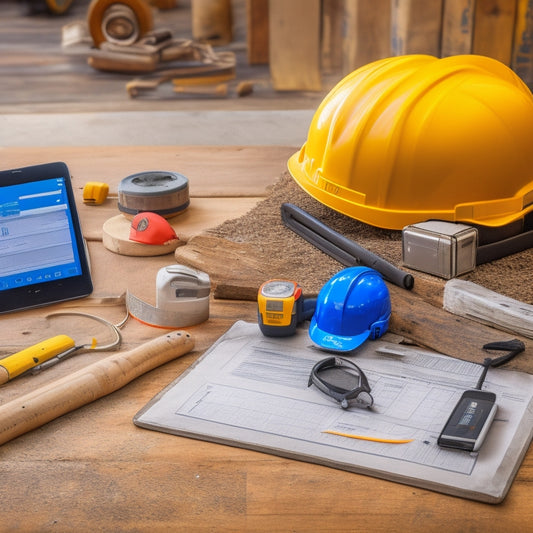A cluttered home renovation site with a checklist on a clipboard, a tablet with a digital inspection app, and a toolbox with a tape measure, level, and hard hat in the background.