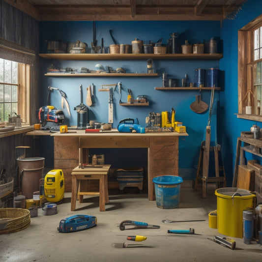 A clutter-free workshop with a wooden workbench, surrounded by essential renovation tools: a cordless drill, level, tape measure, toolbox, and a bucket of paint, with a subtle hint of a renovation project in the background.
