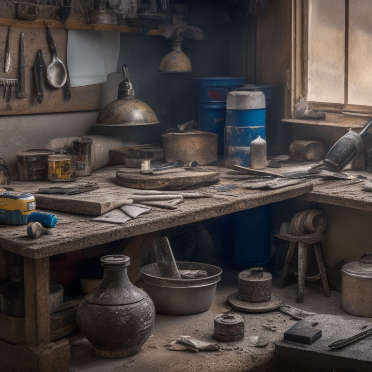 A cluttered workbench with a mix of worn and new tools, including a trowel, putty knife, joint compound bucket, sandpaper, and a cordless drill, surrounded by plaster dust and scraps.