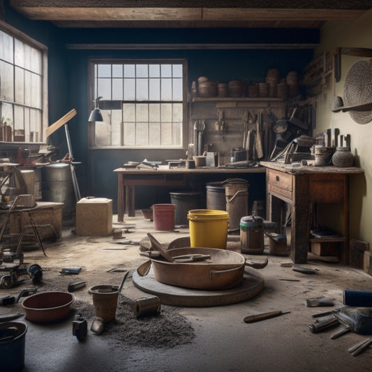 A cluttered workshop background with a variety of floor repair tools scattered about, including a hammer, trowel, level, and bucket of mixed flooring adhesive, with a subtle hint of a renovated room in the distance.