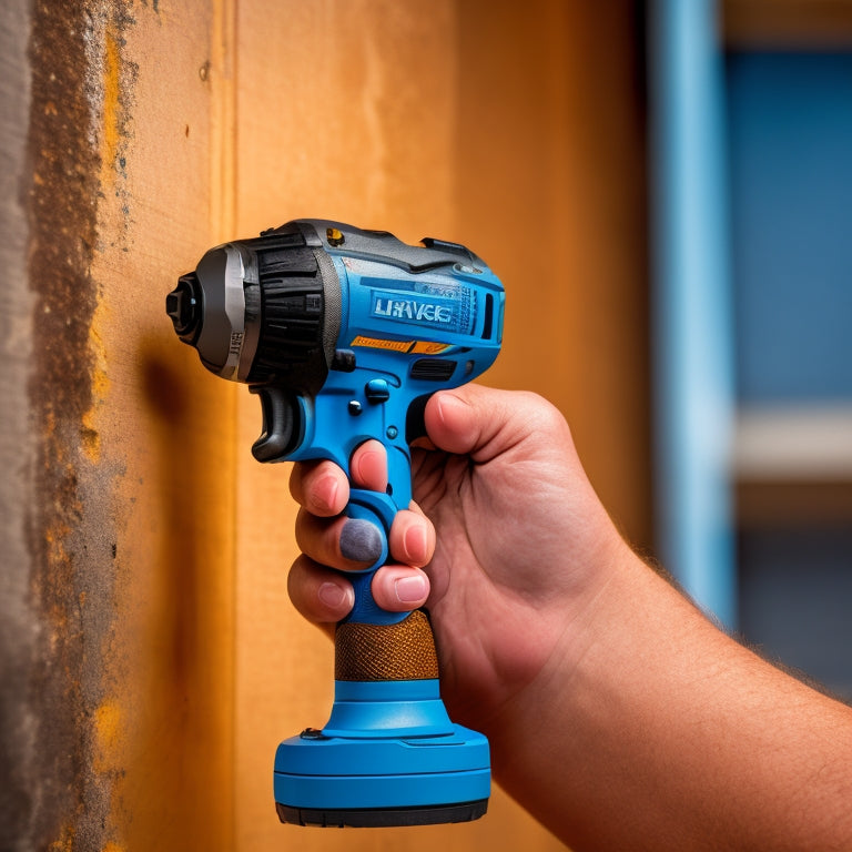 A close-up image of a person's hands holding a cordless drill with a level attachment, against a blurred background of a renovated wall with exposed studs and drywall.