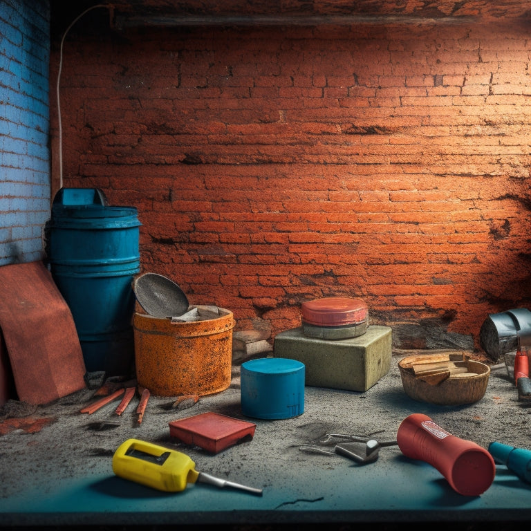 A cracked concrete wall with a broken brick, surrounded by scattered foundation repair tools and a half-opened kit box, set against a blurred background of a partially renovated basement.
