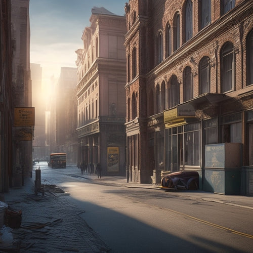 A dimly lit, worn-out city block with cracked sidewalks, faded storefronts, and neglected buildings, surrounded by construction cones, scaffolding, and tools, with a hint of sunlight peeking through the gaps.