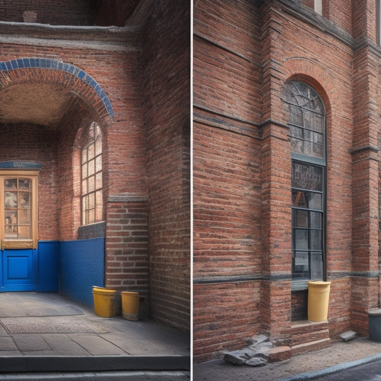 A weathered, centuries-old brick facade with cracked and faded mortar, juxtaposed against a restored section with vibrant, richly colored bricks and freshly applied masonry coating, surrounded by scaffolding and renovation tools.
