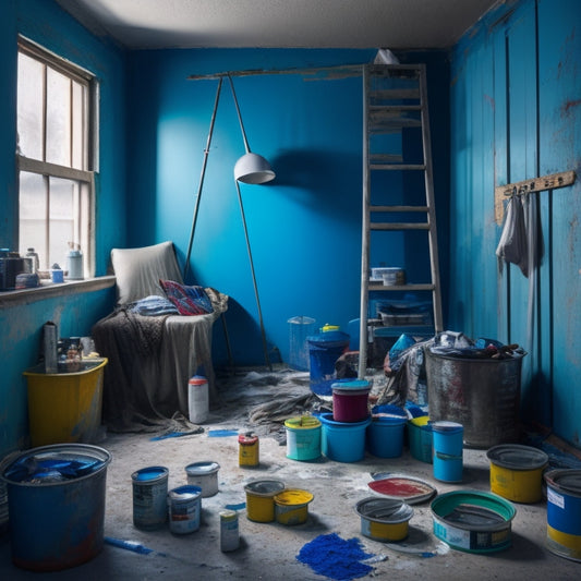 A messy, half-painted room with a ladder, drop cloths, and scattered paint cans, contrasted with a clean, organized area featuring a rented paint sprayer and a single, neatly placed can of paint.