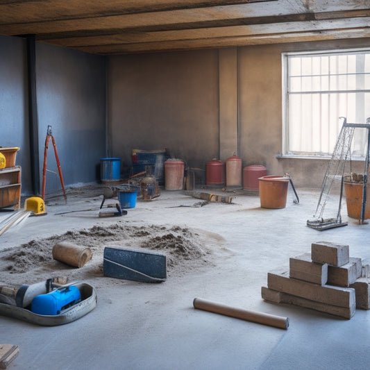 A cluttered but organized construction site with various concrete troweling tools scattered around, including a bull float, edger, and trowel, amidst a partially renovated concrete floor and walls.