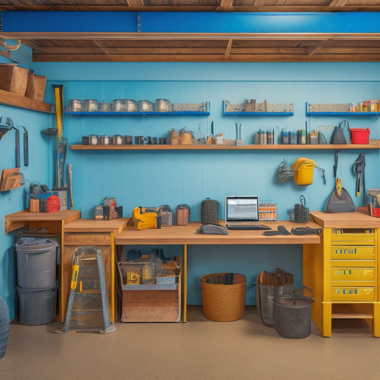A clutter-free garage with a pegboard wall, hooks, and bins, surrounded by organized concrete tools, buckets, and equipment, with a workstation in the center and a concrete mixer in the background.