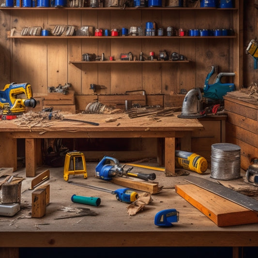 A tidy workshop with a variety of cutting tools and equipment, including a circular saw, miter saw, jigsaw, and reciprocating saw, arranged on a wooden workbench amidst scattered wood shavings and measuring tapes.