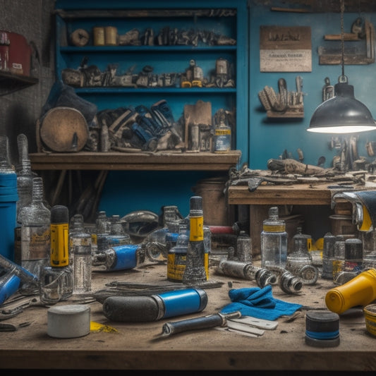 A cluttered workshop background with various renovation tools scattered around, a few sealant tubes and nozzles in the center, and a hand holding a caulk gun with a precise bead of sealant.
