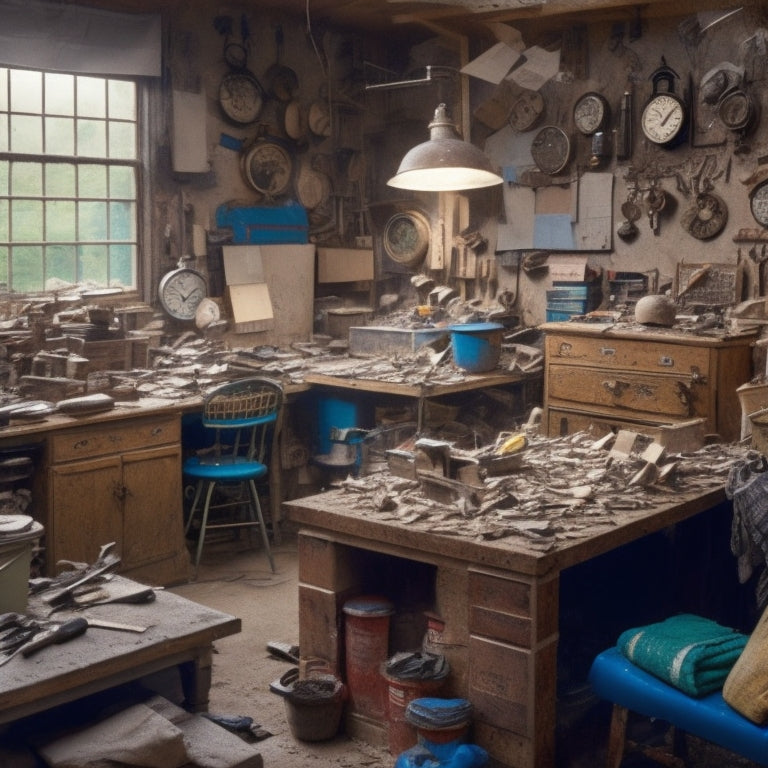 A cluttered workshop with a half-disassembled sink, scattered tools, and a torn-out section of drywall, surrounded by clocks, calendars, and crumpled up schedules.