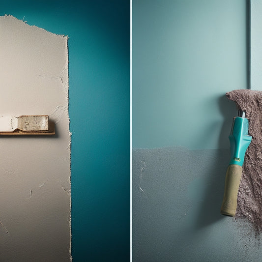A split-screen image featuring a dirty, cracked wall with peeling paint on one side and a pristine, smooth wall with a fresh coat of paint on the other, with various DIY renovation tools scattered around.
