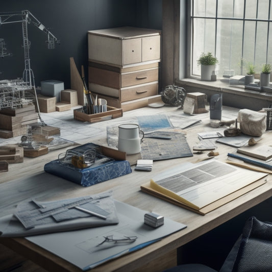 An organized workspace with various renovation materials: wooden planks, marble slabs, steel beams, and glass tiles, arranged alongside 3D models and architectural blueprints on a large, cluttered desk.