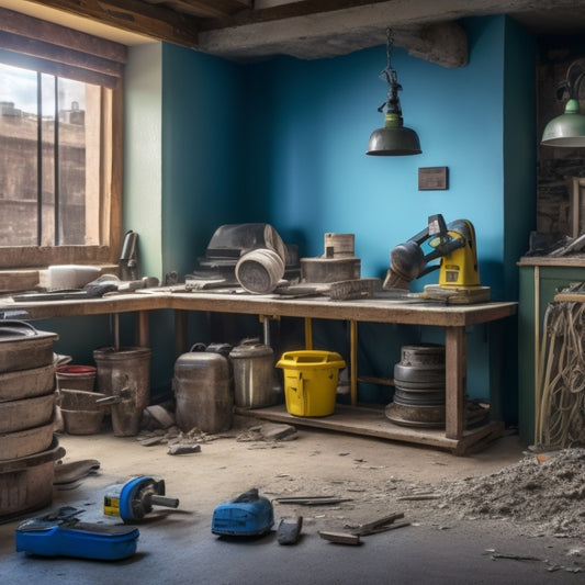 A cluttered home renovation workspace with various wall grinding machines in the foreground, surrounded by dust, scraps, and renovation tools, with a partially renovated wall in the background.