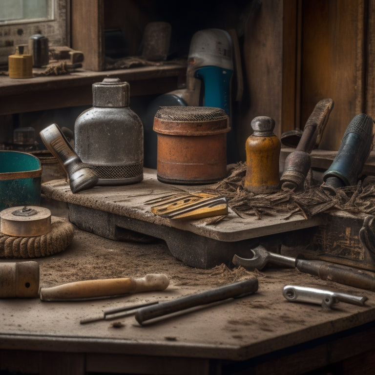 A cluttered workbench with a vintage wooden mallet, rusty wrench, and worn tape measure alongside a refurbished cordless drill, surrounded by scattered wooden shavings and a hint of dust.