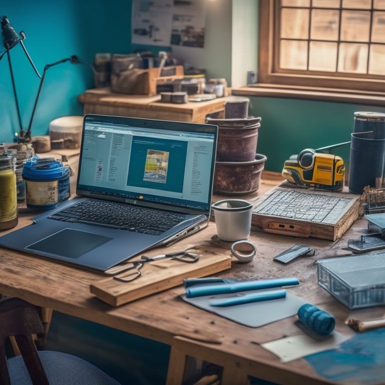 A modern laptop on a cluttered workbench surrounded by renovation plans, paint swatches, and scattered tools, with a subtle background of a partially renovated room.