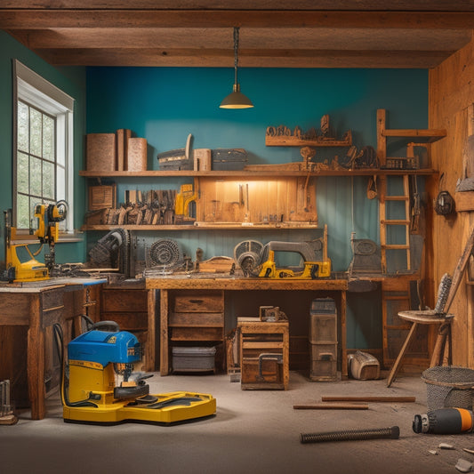 A cluttered home renovation site with a mix of power tools, ladders, and half-built structures, featuring a prominent drill press, circular saw, and impact driver in the foreground.