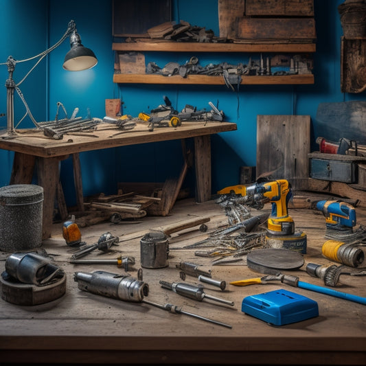 A cluttered workshop table with various drill bits scattered around a cordless drill, surrounded by DIY renovation tools and materials, with a subtle background of a renovated room.