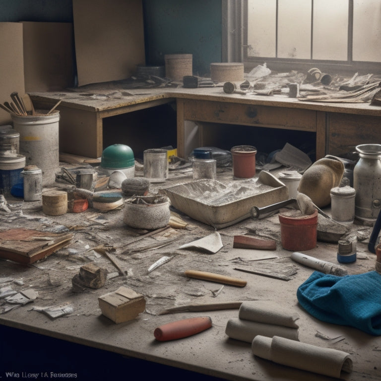 A cluttered worktable with a variety of tools, including a putty knife, trowel, sandpaper, joint compound, and a level, surrounded by scraps of drywall and plaster debris.