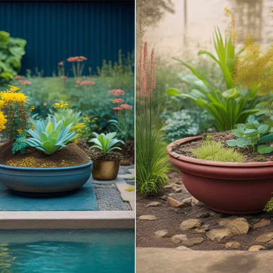 A split-screen image featuring a waterlogged outdoor planter on the left, with stagnant water and dying plants, alongside a thriving planter on the right, with healthy plants and a subtle drainage system.