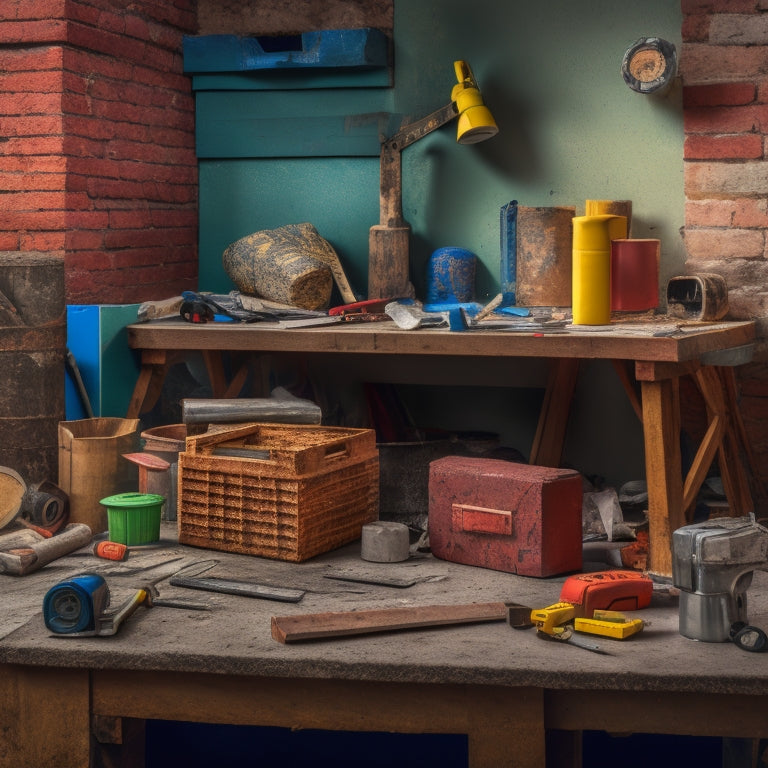 A cluttered workbench with a masonry hammer, tape measure, level, trowel, and spirit level surrounded by scattered block wall renovation materials, amidst a partially demolished wall backdrop.
